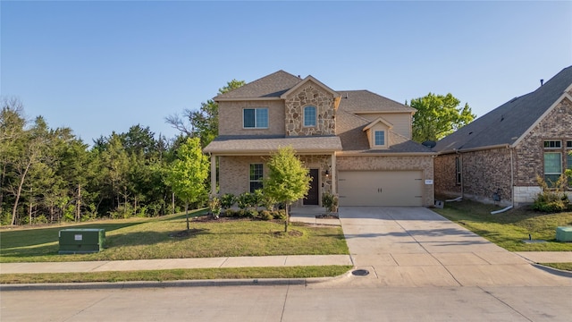 traditional-style home with concrete driveway, a shingled roof, an attached garage, a front yard, and brick siding