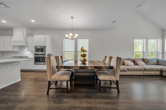 dining space featuring recessed lighting, dark wood-style flooring, visible vents, and a notable chandelier