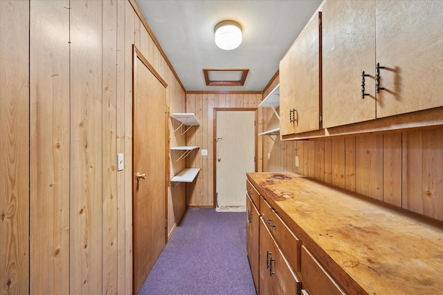 interior space with attic access, wood walls, and dark colored carpet