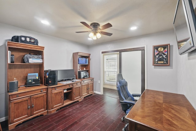 office featuring a ceiling fan, baseboards, recessed lighting, and dark wood-type flooring