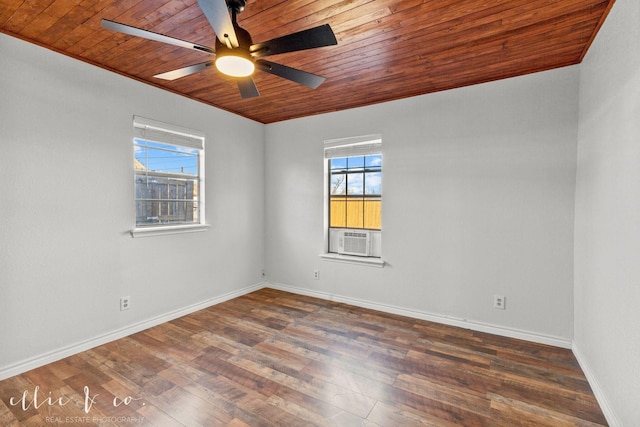 empty room with wood ceiling, a ceiling fan, wood finished floors, and cooling unit