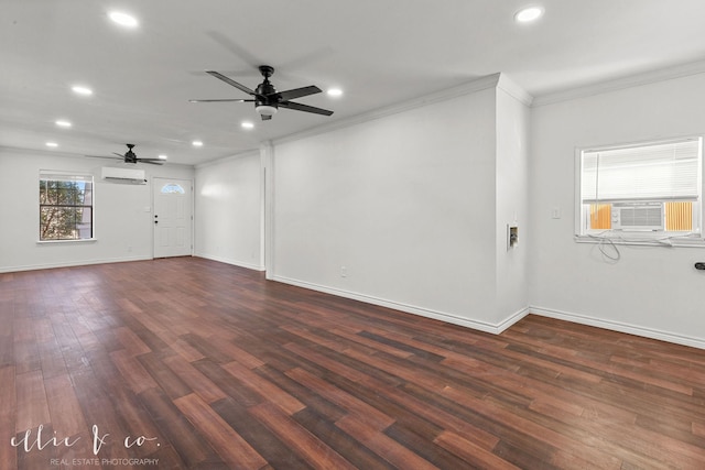 unfurnished living room featuring a ceiling fan, crown molding, cooling unit, a wall mounted AC, and recessed lighting