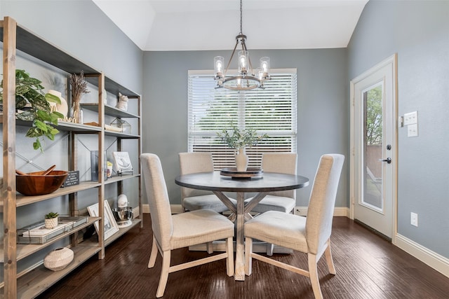 7512 Sabine Dr, Mckinney, TX 75071 - dining space featuring a chandelier, dark wood-type flooring, baseboards, and vaulted ceiling