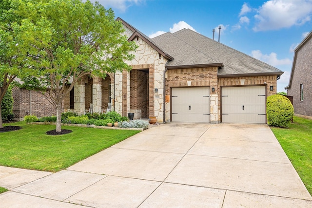 7512 Sabine Dr, Mckinney, TX 75071 - french provincial home featuring a shingled roof, a front lawn, an attached garage, stone siding, and brick siding