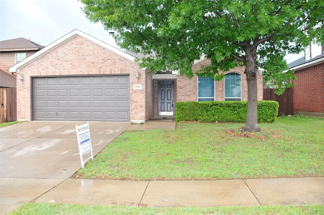 3929 Big Thicket Dr, Fort Worth, TX 76244 - view of front of house featuring fence, brick siding, a garage, a front yard, and concrete driveway