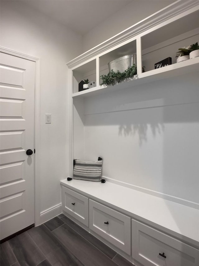 mudroom with baseboards and dark wood-style floors