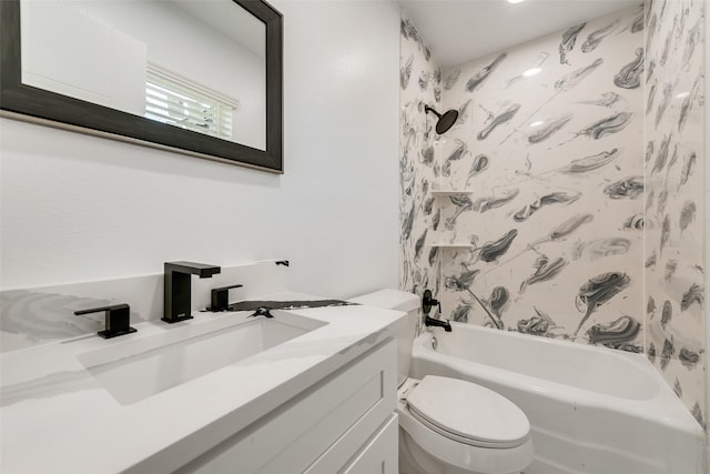 bathroom featuring bathing tub / shower combination, vanity, and toilet