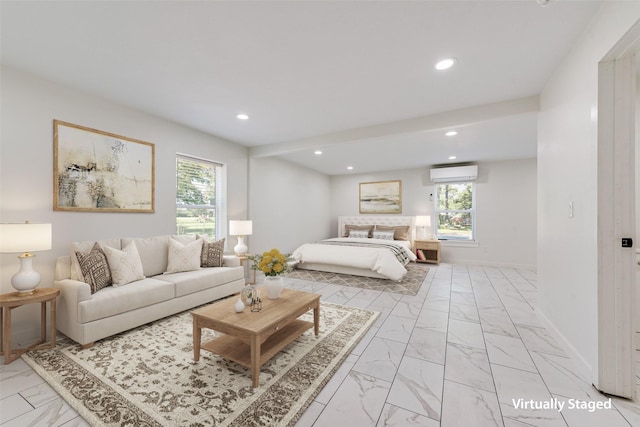 bedroom with recessed lighting, marble finish floor, a wall unit AC, and baseboards