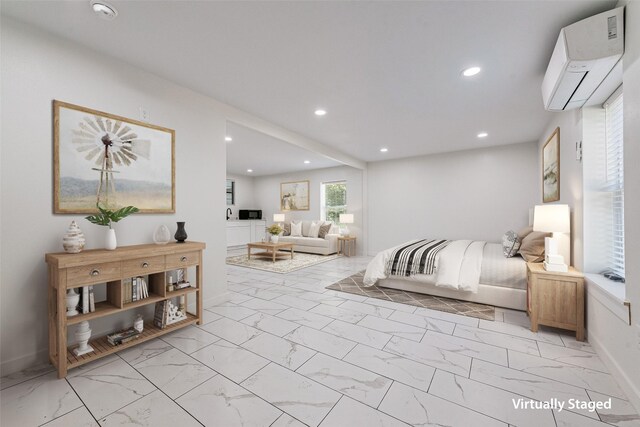 bedroom with a wall mounted air conditioner, baseboards, marble finish floor, and recessed lighting
