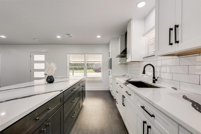 kitchen featuring white cabinets, baseboards, a sink, and dark wood-style floors
