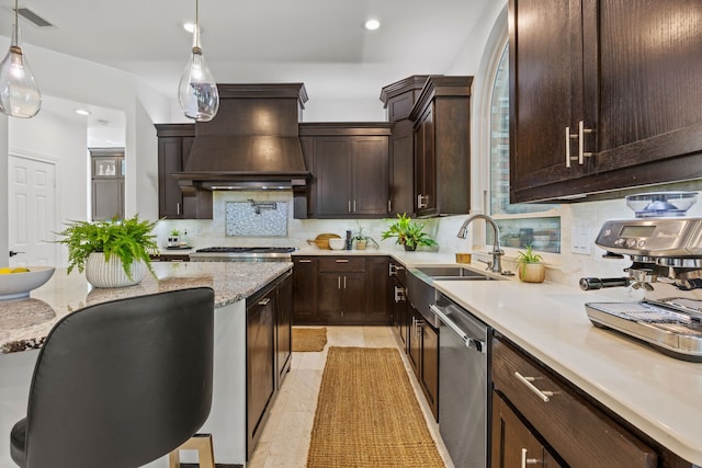 kitchen featuring stainless steel dishwasher, dark brown cabinets, decorative backsplash, custom range hood, and visible vents