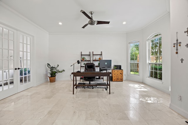 office space with french doors, baseboards, recessed lighting, ceiling fan, and crown molding