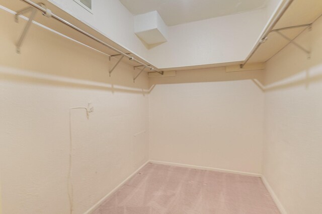 walk in closet featuring light colored carpet