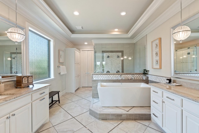 801 Giverny Ln, Southlake, TX 76092 - full bath featuring a soaking tub, a shower stall, two vanities, ornamental molding, and recessed lighting
