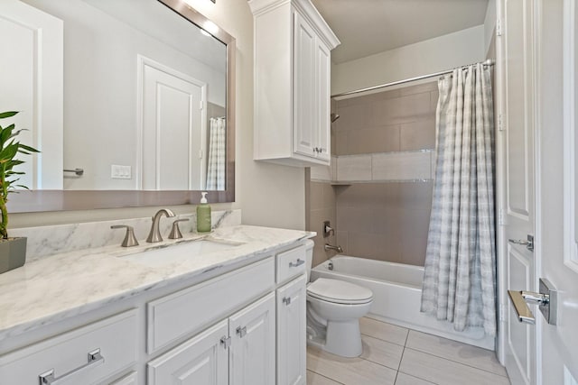 801 Giverny Ln, Southlake, TX 76092 - bathroom featuring vanity, toilet, shower / tub combo with curtain, and tile patterned flooring