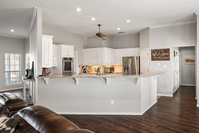 kitchen featuring a ceiling fan, stainless steel appliances, crown molding, and a peninsula