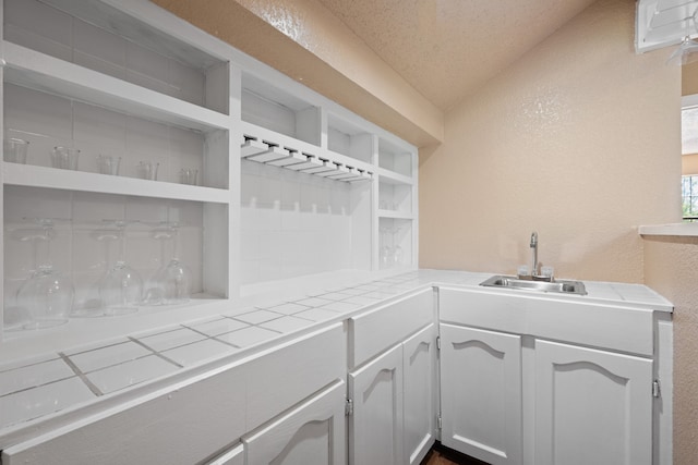 mudroom with a textured wall, vaulted ceiling, and a sink