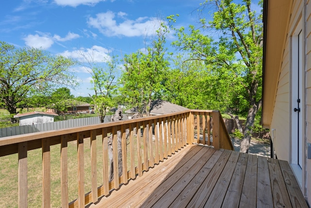 wooden deck with a fenced backyard