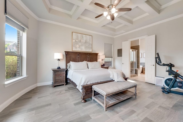 bedroom featuring beamed ceiling, ornamental molding, and coffered ceiling