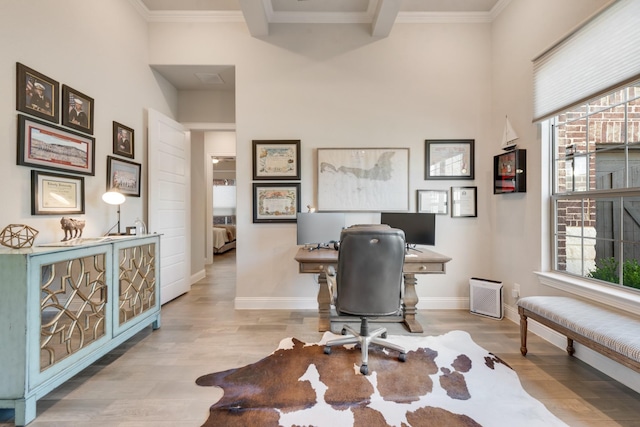 office area featuring baseboards, wood finished floors, and ornamental molding