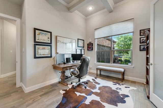 office area featuring crown molding, wood finished floors, beamed ceiling, baseboards, and coffered ceiling