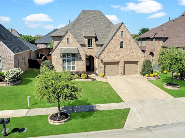 4600 Crossvine Dr, Prosper, TX 75078 - french country inspired facade featuring brick siding, driveway, roof with shingles, and a front yard