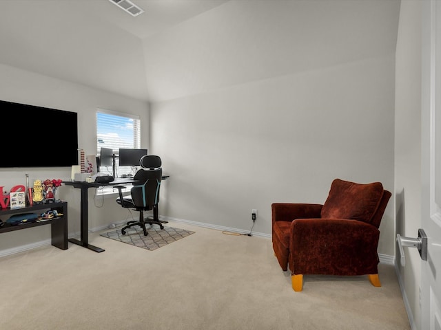 4600 Crossvine Dr, Prosper, TX 75078 - office area featuring carpet floors, vaulted ceiling, and baseboards