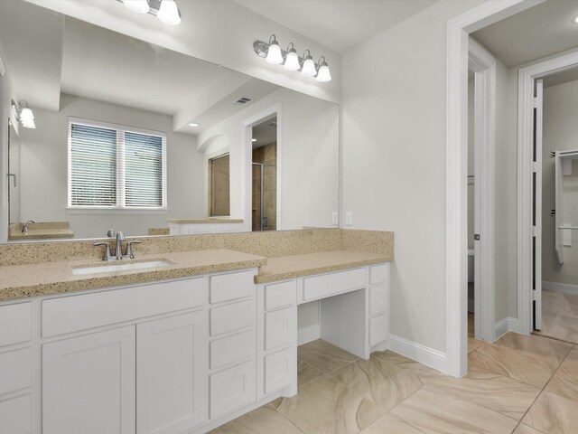 4600 Crossvine Dr, Prosper, TX 75078 - full bathroom with a stall shower, vanity, tile patterned flooring, and baseboards