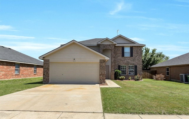 12109 Arbor Lake Rd, Rhome, TX 76078 - traditional-style home featuring a garage, central air condition unit, a front yard, and concrete driveway
