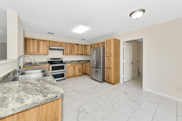 12109 Arbor Lake Rd, Rhome, TX 76078 - kitchen with visible vents, a sink, marble finish floor, and appliances with stainless steel finishes