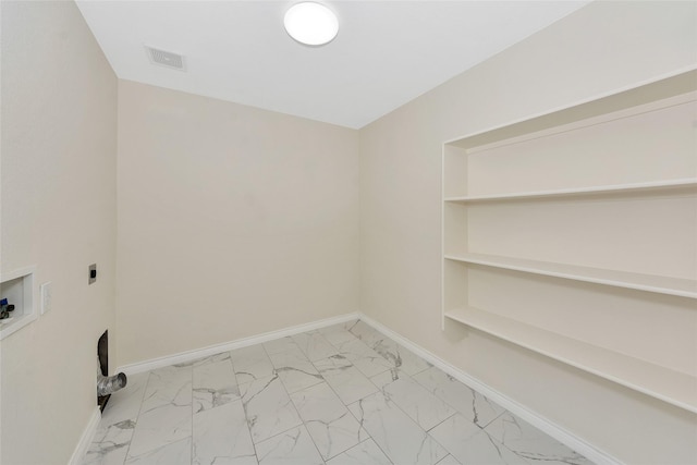 12109 Arbor Lake Rd, Rhome, TX 76078 - washroom with electric dryer hookup, marble finish floor, laundry area, visible vents, and washer hookup
