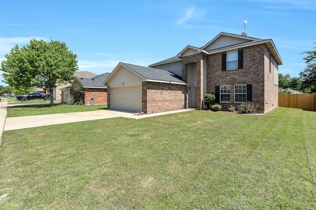 12109 Arbor Lake Rd, Rhome, TX 76078 - traditional-style house featuring a front lawn, concrete driveway, fence, brick siding, and a garage