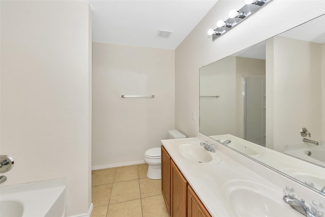 12109 Arbor Lake Rd, Rhome, TX 76078 - full bathroom featuring a shower with shower door, a bath, tile patterned floors, and a sink