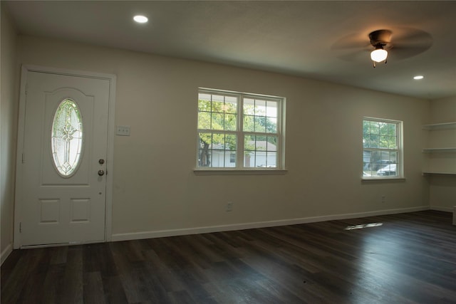 foyer featuring ceiling fan, baseboards, dark wood-type flooring, and recessed lighting