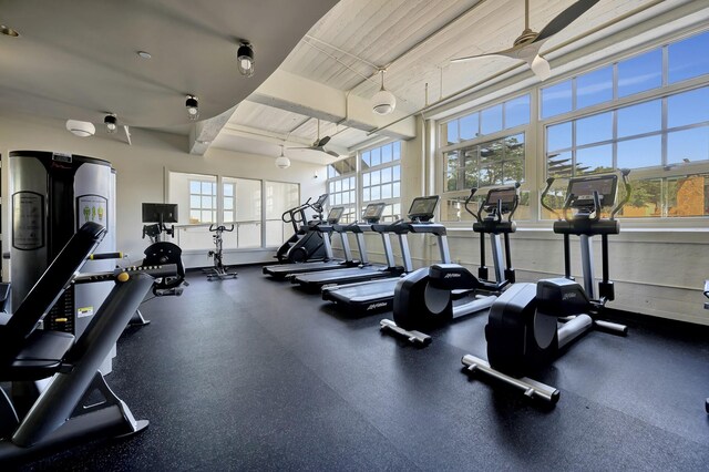 gym featuring a ceiling fan