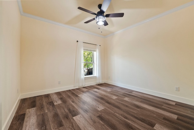unfurnished room featuring baseboards, dark wood-type flooring, and ornamental molding