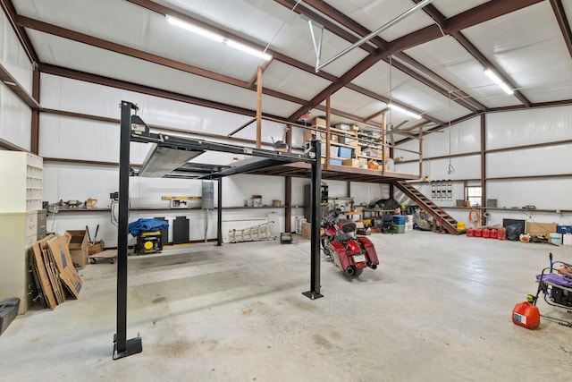 garage with a workshop area