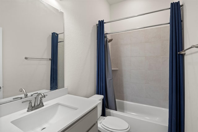 full bath with toilet, vanity, and shower / bathtub combination with curtain