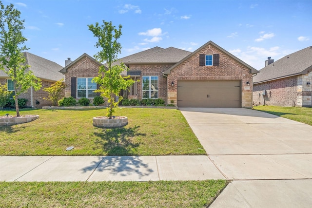 traditional home featuring driveway, brick siding, a front yard, and a garage
