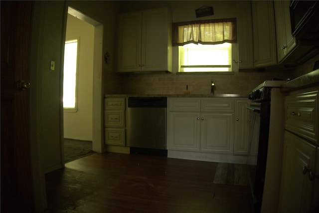 1530 Southerland Ave, Dallas, TX 75203 - kitchen with white cabinets, dark wood-style floors, a sink, black electric range oven, and dishwasher