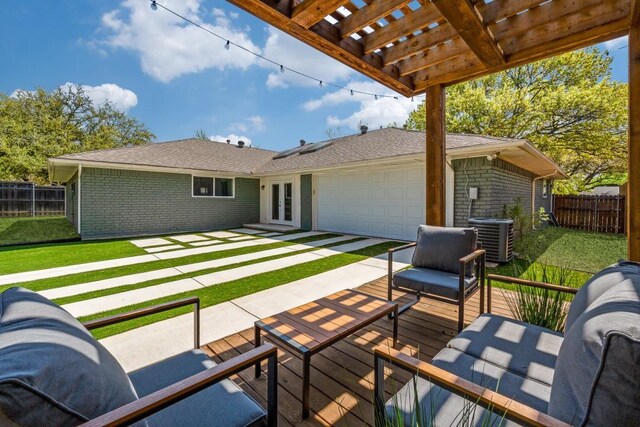 4043 Flintridge Dr, Dallas, TX 75244 - wooden deck featuring central AC unit, fence, a pergola, french doors, and a garage