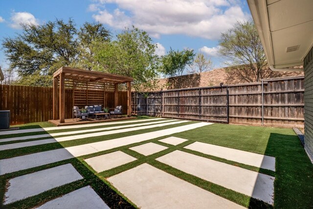 4043 Flintridge Dr, Dallas, TX 75244 - view of yard with a fenced backyard, a pergola, an outdoor living space, and a patio area