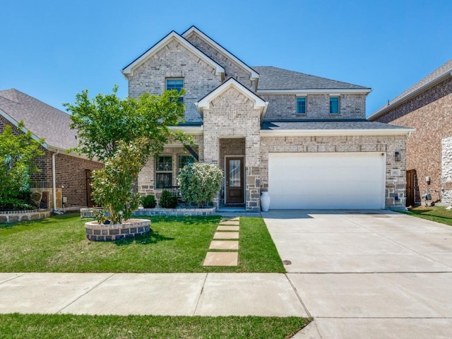 traditional-style house with brick siding, an attached garage, driveway, and a front yard