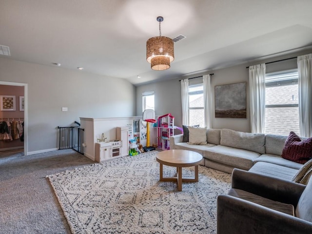 carpeted living room with baseboards and visible vents