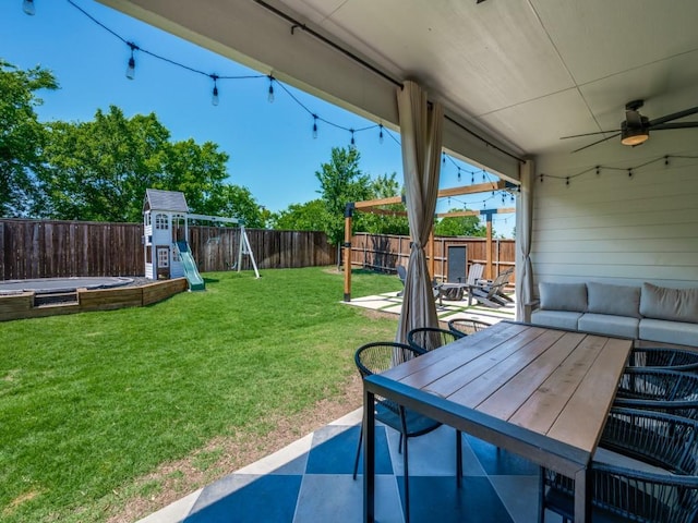 view of patio with an outdoor living space, a ceiling fan, outdoor dining space, and a grill