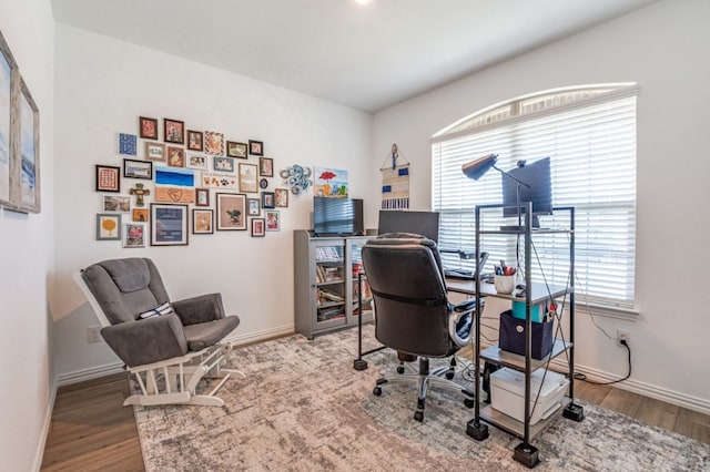 home office featuring baseboards, plenty of natural light, and wood finished floors