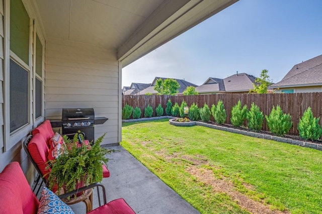 view of yard featuring a patio and a fenced backyard