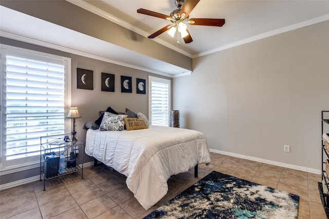 575 S Virginia Hills Dr Unit 1502, Mckinney, TX 75072 - bedroom with baseboards, ornamental molding, tile patterned flooring, and a ceiling fan