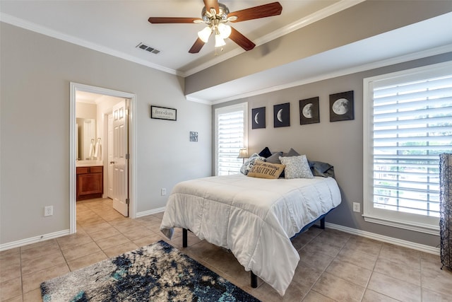 575 S Virginia Hills Dr Unit 1502, Mckinney, TX 75072 - bedroom featuring light tile patterned flooring, ornamental molding, baseboards, ceiling fan, and ensuite bath
