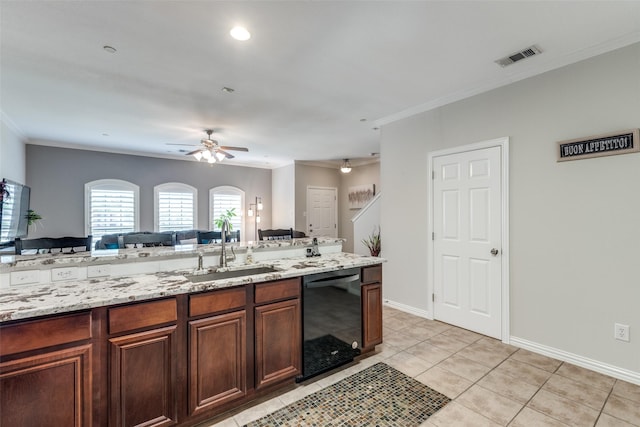 575 S Virginia Hills Dr Unit 1502, Mckinney, TX 75072 - kitchen with dishwasher, a sink, crown molding, ceiling fan, and light stone counters